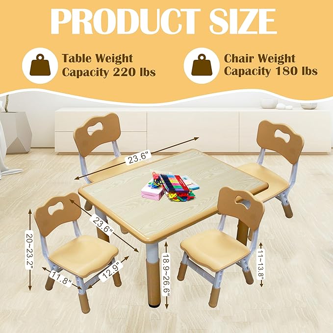 Kids Table and 4 Chairs Set with Graffiti Desktop, Toddler Furniture Set, Non-Slip, Table Children Study Desk, Dining Table, Height Adjustable Desk, Painting Desktop for Kids (31.5x23.6Inch)