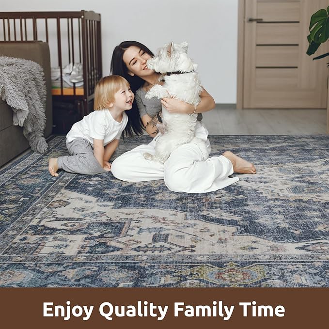 AMOAMI-Area Rug 6X9 Rugs for Living Room-Vintage Soft Blue Rugs for Bedroom-Non Slip Carpet-Machine Washable Rug for Dining Room Living Room Bedroom Office Under Table