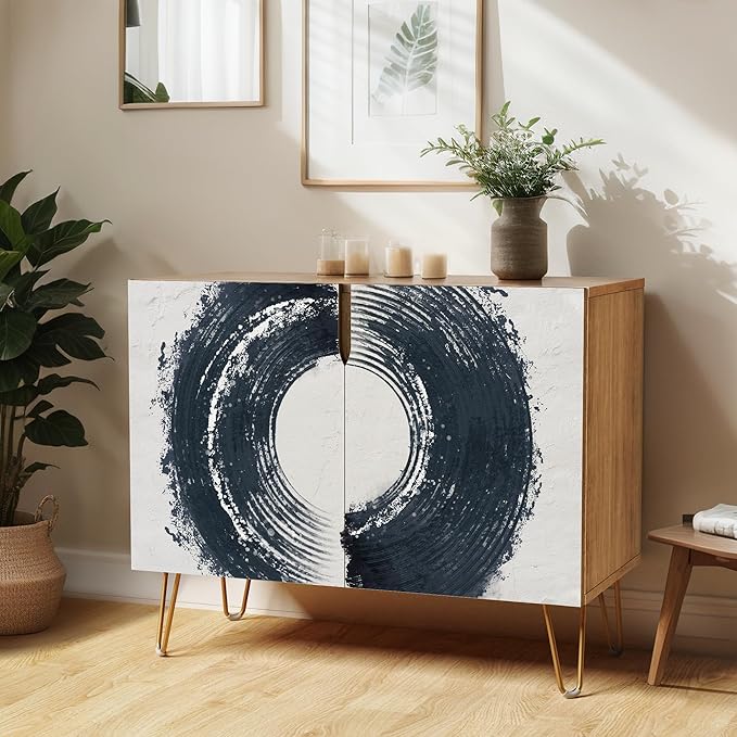SIGNWIN Sideboard Buffet Cabinet, Kitchen Storage Cabinet with 2 Doors, Geometric Dark Paint Stroke Ring Geometry Nordic, Cupboard Console Table for Dining Room - 35" L x 18" W x 29" H