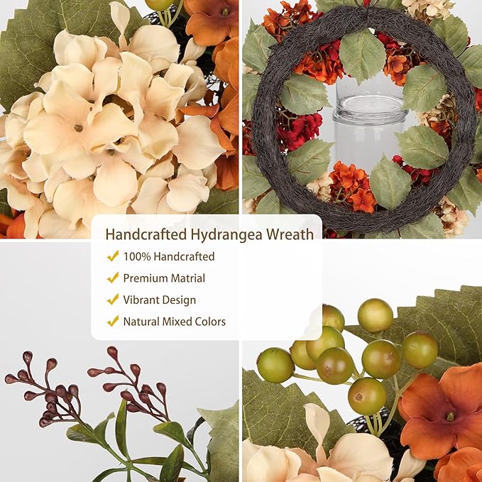 Fall Wreaths for Front Door, 24 inch Autumn Wreath with Hydrangeas Berries Large Fall Door Wreath Artificial Hydrangea Flowers Wreaths Autumn Decorations for Farmhouse Thanksgiving Harvest Door Wall