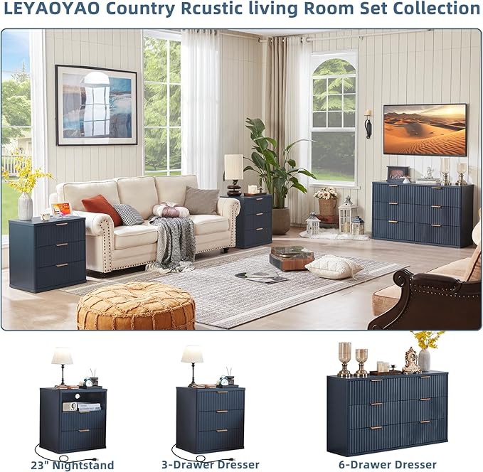 LEYAOYAO Fluted Nightstand with Charging Station, 23" Modern Night Stand with Woodgrain Top, 3 Drawers End Table w/Storage, Bedside Tables for Bedroom, Living Room, Curved Profile Design, Blue