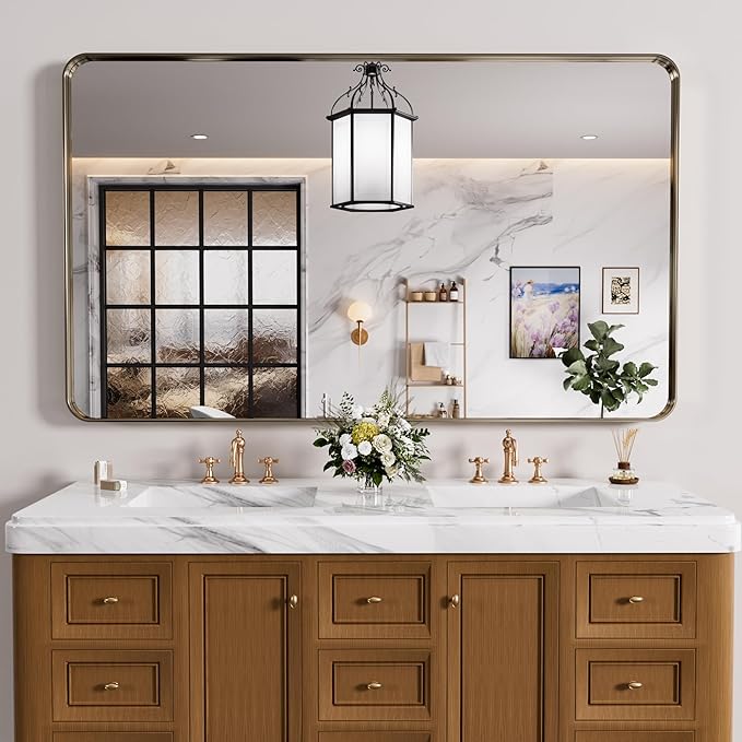 Bronze Bathroom Mirror 50x30 Inch, Brushed Bronze Metal Frame Mirror for Wall, Rounded Rectangle Bathroom Vanity Mirror with Tempered Glass, Anti-Rust, Horizontal/Vertical