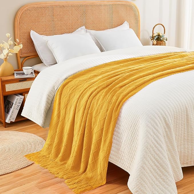 inhand Knitted Fall Throw Blanket for Couch and Bed, Knit Fall Decor Halloween Blanket with Tassel, Mustard Yellow Lightweight Decorative Farmhouse Warm Woven Blankets and Throws for Women, 60"x80"