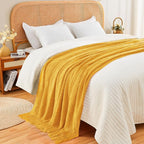 inhand Knitted Fall Throw Blanket for Couch and Bed, Knit Fall Decor Halloween Blanket with Tassel, Mustard Yellow Lightweight Decorative Farmhouse Warm Woven Blankets and Throws for Women, 60"x80"