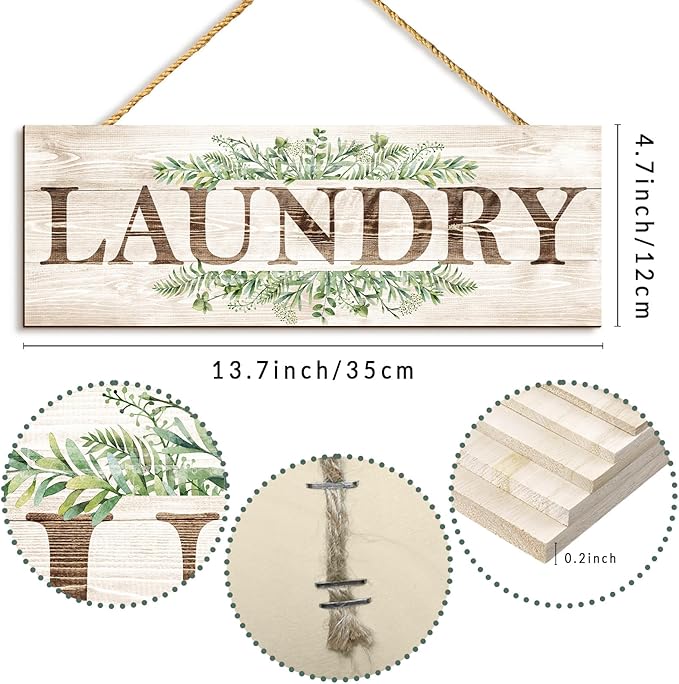 Laundry Sign Wall Decor, Kitchen Wall Art with Plant Print, Rustic Farmhouse Wall Hanging Plaque Home Kitchen Decorative (Laundry), 4.7 x 13.7 inches