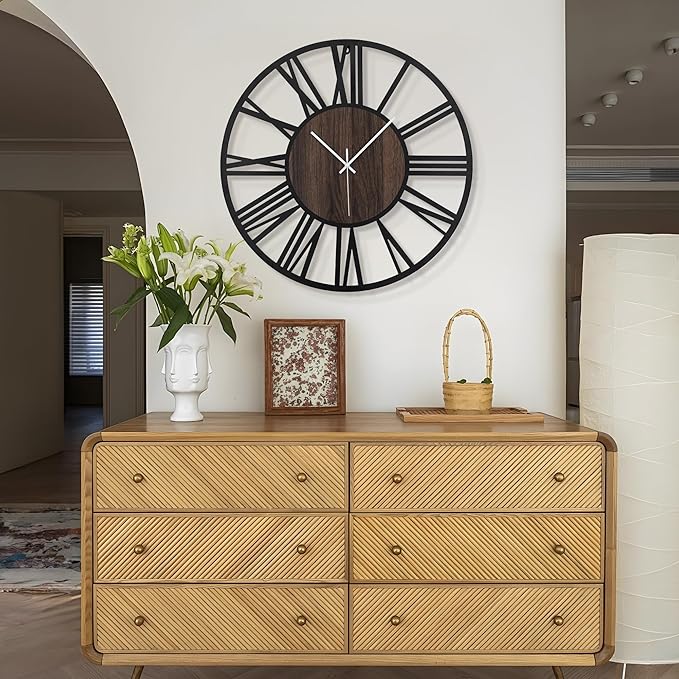 LEIKE Large Wall Clocks,Silent,Non Ticking,Battery Operated Big Retro Round Modern Wood Wall Clock for Living Room, Bedroom,Dinning Room,Farmhouse,Office,Home Decor-20 Inch(Black-Roman Numerals)