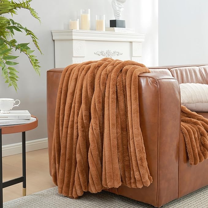Amélie Home Faux Fur Throw Blanket for Couch, Cozy Fuzzy Fluffy Fur Luxurious Soft Striped Plush Gift Blankets for Family Sofa Chair Bed Living Room Bedroom, 55"x70", Brown