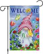 Welcome Spring Gnome Garden Flag 12x18 Double Sided Burlap Butterfly Floral Garden Yard Flags for Spring Summer Rustic Seasonal Outside Outdoor House Decoration (ONLY FLAG)