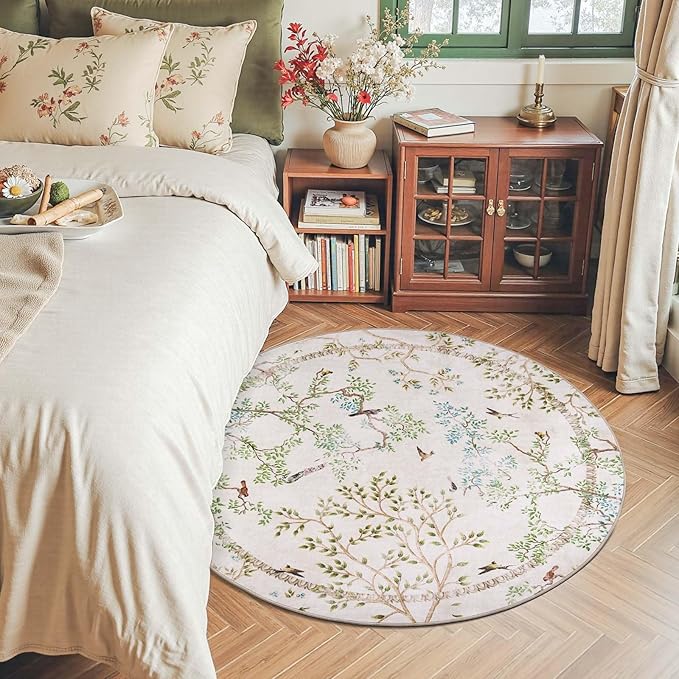 jinchan Round Rugs 4ft Ivory Botanical Birds Print Machine Washable 4' Circle Nature Plants Modern Soft Non Slip Throw Area Rugs Ultra Thin Low Pile Carpet for Entryway Bedroom Kitchen Kids Room