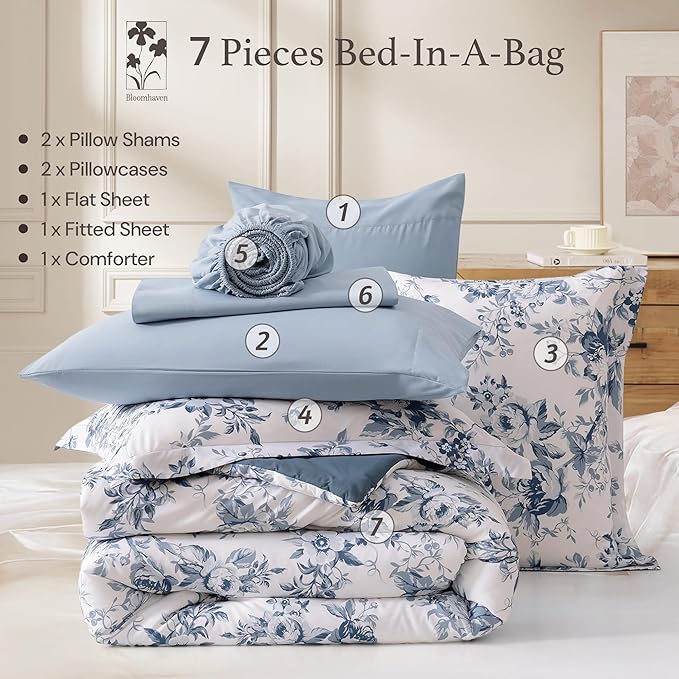 King Comforter Set -7 Pieces Floral Blue Comforter Set for All Seasons, Bed in a Bag King with Botanical Flowers Comforter, Sheets, Pillowcases & Shams