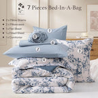 Full Comforter Set -7 Pieces Floral Blue Comforter Set for All Seasons, Bed in a Bag Full with Botanical Flowers Comforter, Sheets, Pillowcases & Shams