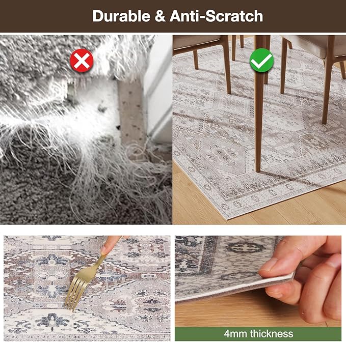 Floor Mat for Home 4×6ft, Easy Clean Plastic Rug-Like Pattern Area Mat for Living Room, Waterproof Vinyl Area Rug for Under Kitchen Table, No Slip Soft Vintage Rug for High Traffic Area (White)