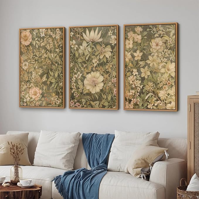 SIGNINART Vintage Floral Framed Canvas Wall Art Set of 3, Mid Century Modern Flowers Wall Decor, Neutral Botanical Artwork, Retro Wildflower Art Prints for Bedroom, Living Room, Office 24"x36"x3