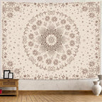 Fowocu Boho Floral Mandala Tapestry Wall Hanging Bohemian Flower Medallion Tapestry Aesthetic Beige Brown Hippie Indian Small Tapestries for Bedroom Living Room Dorm Decor 60 x 44 Inch