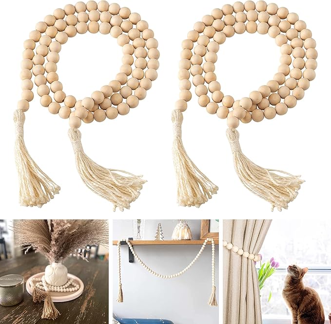 DECORKEY Farmhouse Wood Beads Garland, 2 Pack 58 Inch Wooden Beads for Boho Home Decor with Tassels, Rustic Country Decor for Coffee Table, Wall, Shelf, Tray, Vase, Living Room, Bedroom
