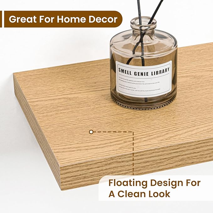 Fun Memories 40 Inch Deep Floating Shelves for Wall, 2 Pack of Wall Mounted Wood Shelves with Invisible Brackets for Bathroom, Bedroom, Kitchen Decor and Storage, Oak