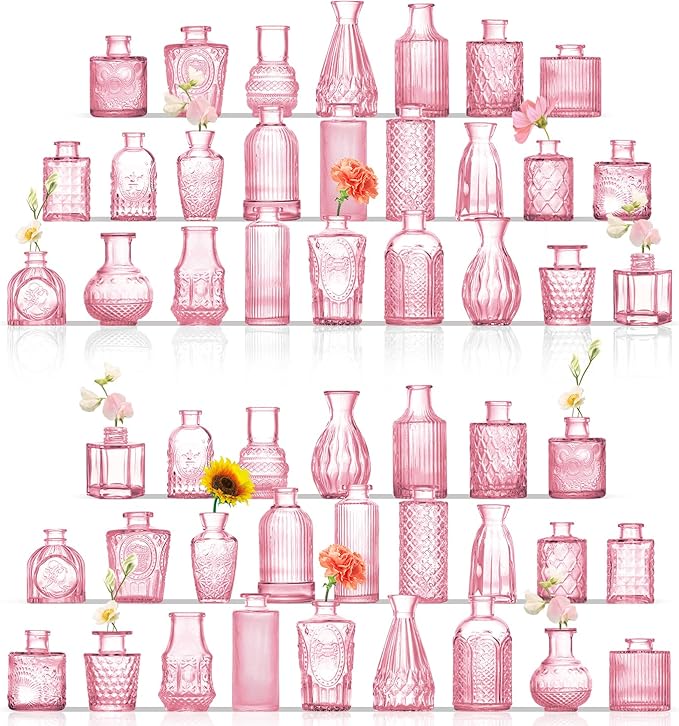 Bud Vases in Bulk 50, Glass Vases for Centerpieces, Small Vases for Flowers, Small Flower Vase for Centerpieces, Mini Vintage Vase, Pink Bud Vases for Wedding Table Decor