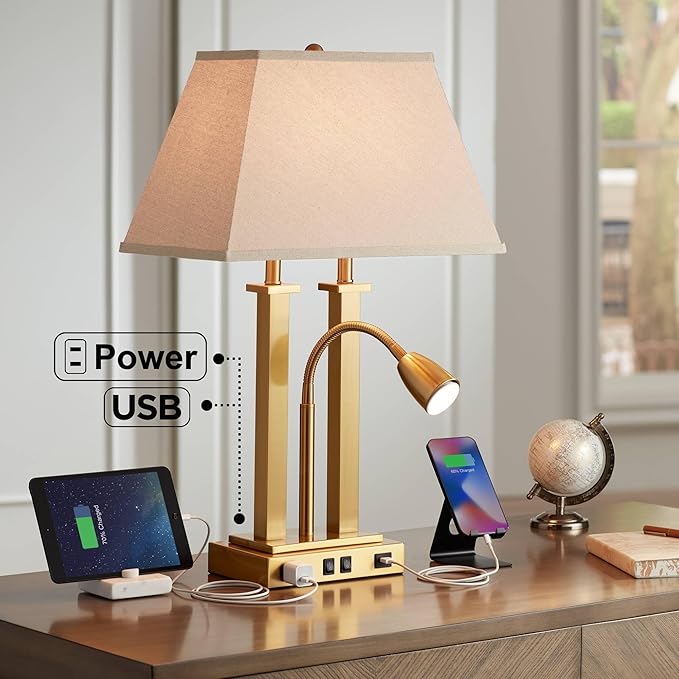 Possini Euro Design Deacon Modern Desk Table Lamp with USB and AC Power Outlet in Base LED Gooseneck 26" High Antique Brass Oatmeal Linen Drum Shade for Living Room Bedroom Bedside Nightstand