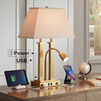 Possini Euro Design Deacon Modern Desk Table Lamp with USB and AC Power Outlet in Base LED Gooseneck 26" High Antique Brass Oatmeal Linen Drum Shade for Living Room Bedroom Bedside Nightstand