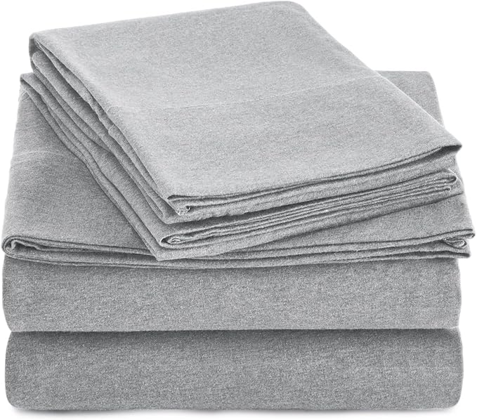 Amazon Basics 4 Piece Bed Sheet Set, 100% Cotton Jersey, Includes Super Soft, Flat and Fitted Sheets, Pillowcase, Queen, Light Gray, Solid
