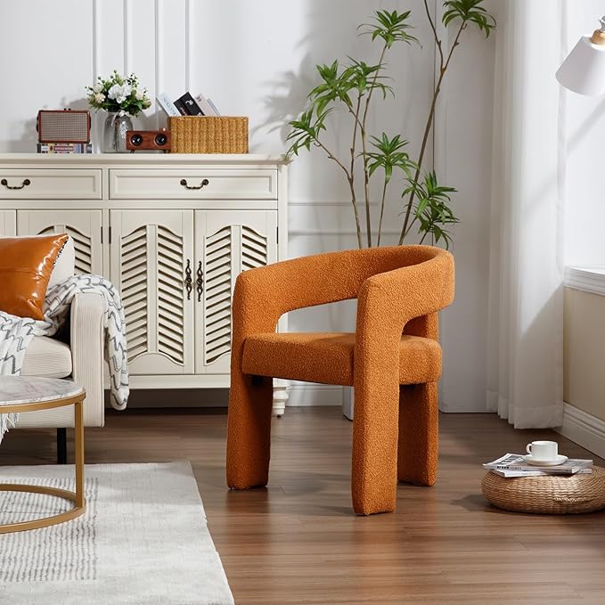 Orange Sherpa Dining Chairs Set of 6, Modern Barrel Dining Room Chairs Upholstered Faux Fur Accent Chair with Arms and Round Back for Living Room Kitchen Armchair No Assembly Needed