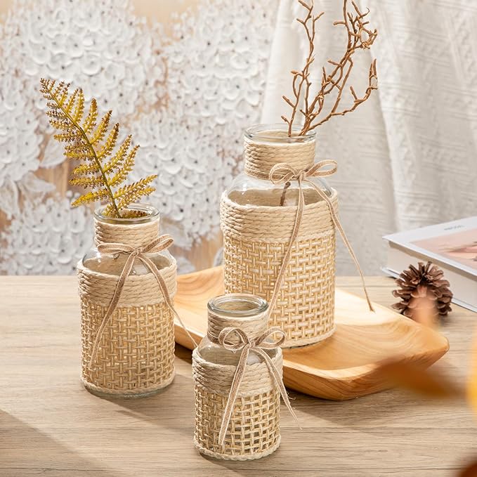 Hollyone 3Pcs Flower Vase Glass Vase with Cotton Rope Cover Woven Glass Vase Decorative Flower Bottle Modern Vase for Table Centerpiece Farmhouse Wedding Home Decor