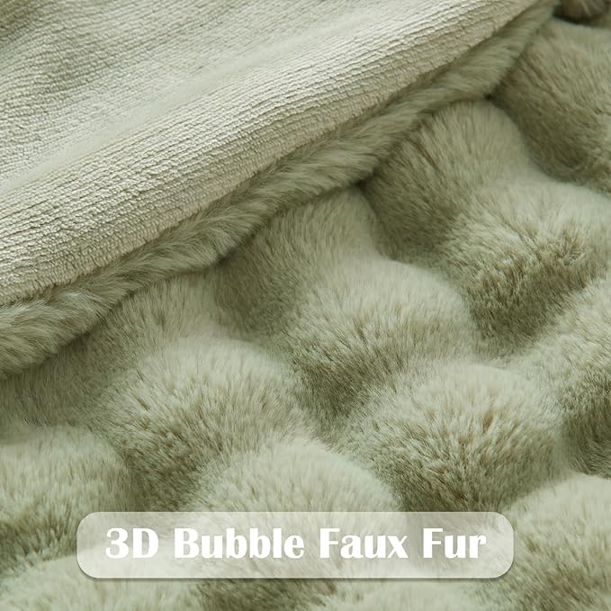 NEWCOSPLAY Faux Fur Throw Blanket Sage Green Bubble Blanket Thick Warm Soft for Couch Sofa Bed 550GSM (Sage Green, Throw(50"x60"))