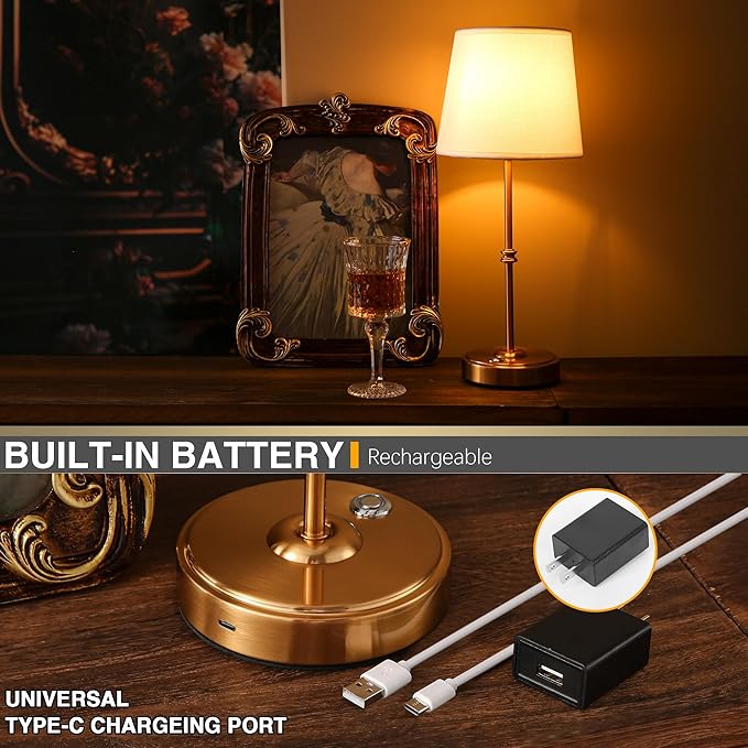 Rechargeable LED Cordless Table Lamp, 5200mAh Battery Operated, 3 Level Brightness, Portable Night Bedside Lamp, Ambient Desk Light for Home Decor, Patio, Restaurant, Dinning(Antique Brass)