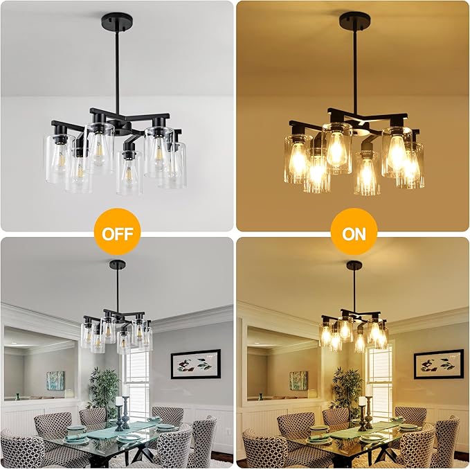 6-Light Black Modern Farmhouse Chandelier for Dining Room Ceiling Light Fixture with Clear Glass Shades, Adjustable Hanging Industrial Pendant Lighting for Living Room Kitchen Island Bedroom Entryway