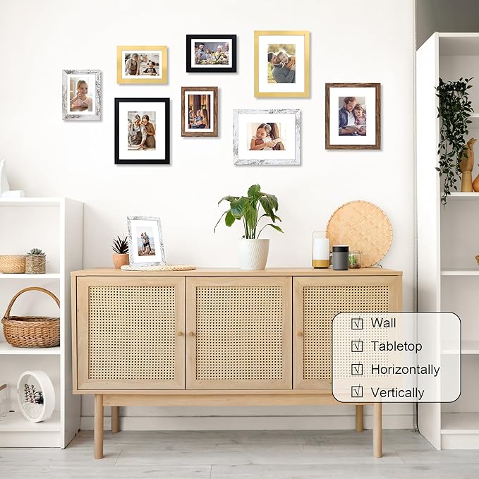 5x7 Picture Frame Set of 4, 5 x 7 Wood Photo Frames with Mat for 4x6, Wooden Frame with Real Glass Cover for Wall and Tabletop Display,Black