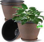 4 Pack 8 inch Plant Pot, Plastic Pots for Plants Indoor, Round Planters for Outdoor Plants with Drainage Holes & Trays, Decorative Flower Pots Garden Containers Sets for Houseplants (Black Copper)