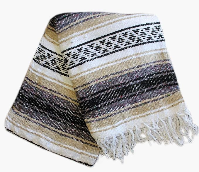 Del Mex Classic Mexican Blanket, Large Authentic Woven Falsa Throw (70"x50"), Artisan Southwest Décor for Beach, Yoga, Outdoors (Tan)