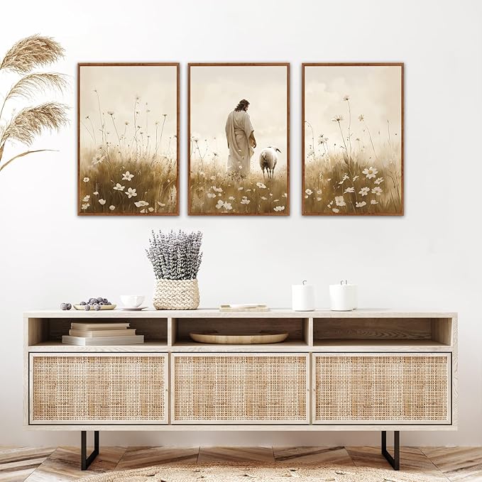 KAIRNE Jesus Framed Canvas Wall Art,Lost Sheep Wall Decor Set of 3(16”X24”),Holy Christian Art Print,Religious Scripture Pictures,Bible Renaissance Wall Painting for Living Room,Bedroom,Church Decor