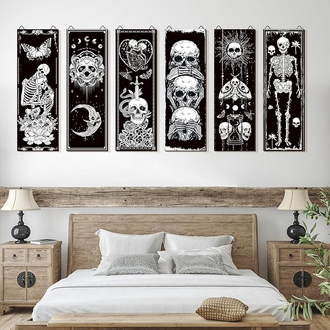 Sintuff 6 Pieces Black Gothic Wall Decor Skull Wall Art Boho Sun Moon Phases Snake Gothic Hanging Wooden Minimalist Skeleton Art Prints Vintage Pediments for Room Living Bedroom Bathroom