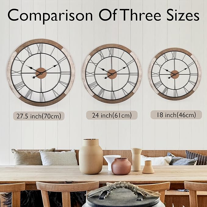 Wall Clock for Living Room Decor, 27.5'' Big Clock for Office, Rustic Wall Clock Battery Operated, Distressed White Roman Numeral Clock, Round, Wood