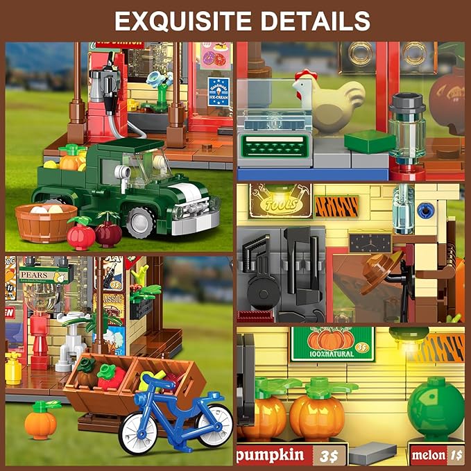 Country General Store Building Set for Adults with Lights, 1709 PCS Vintage Shop House Construction Building Block Kit, Home Decor Cabin Architecture Model for Women Men Teens Boys Girls 12+