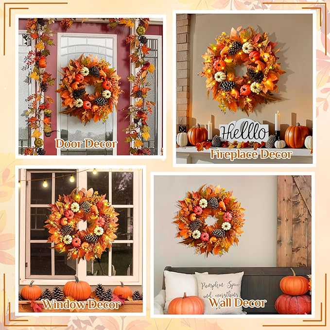 Fall Decor - Fall Wreaths for Front Door Outside, 2 Pack 20 Inch Fall Door Wreath, Handcrafted Autumn Wreath with Colorful Pumpkins Maple Leaves, Fall Decorations for Home Door Wall Thanksgiving Decor