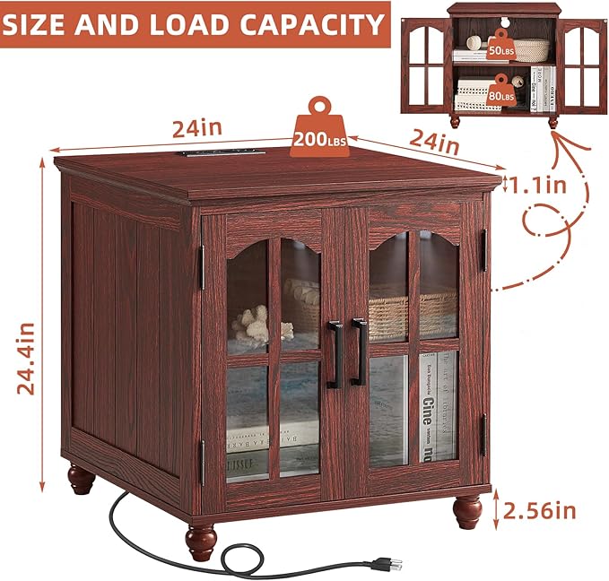 Farmhouse End Table Set of 2 with Charging Station, 18'' Narrow Side Table and 24" Large Sofa Side Table with Glass Barn Door Storage, Wood Night Stand Bedside Table for Living Room,Bedroom