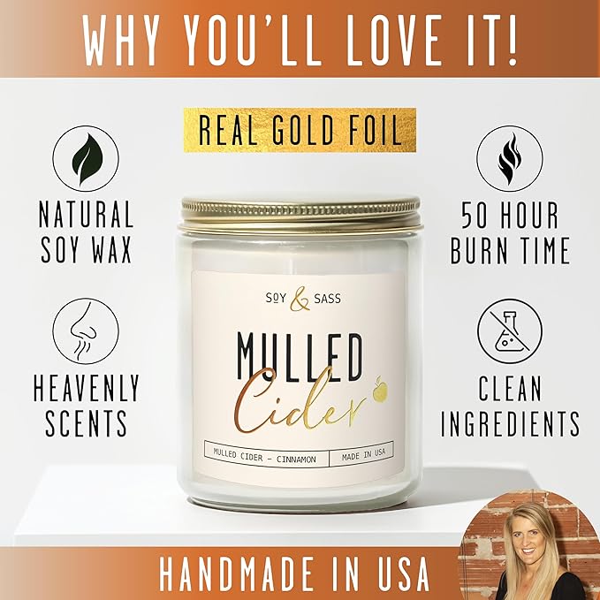 Mulled Cider Candle, Fall Candles I Apple Cider Candle w/Cinnamon & Nutmeg - Infused w/Essential Oils I Mulled Cider Fall Scented Candles (Soy) for Home I 9oz Reusable Jar I 50Hr Burn I Made in USA