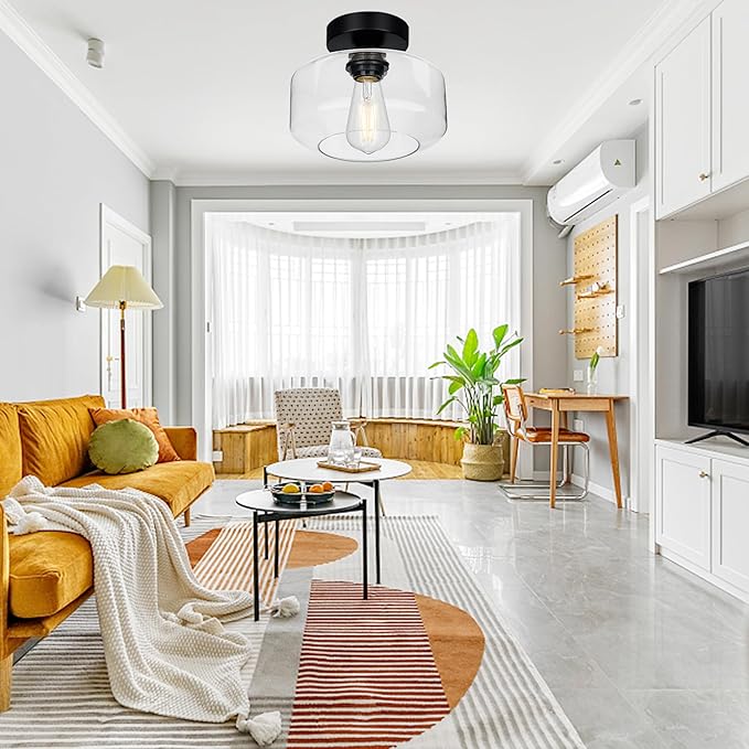 Industrial Semi Flush Mount Ceiling Light, 800 Lumen LED Bulb Included, Clear Glass Shade Ceiling Light Fixture, Farmhouse Light Fixture for Hallway Corridor Kitchen Bathroom Bedroom Passway