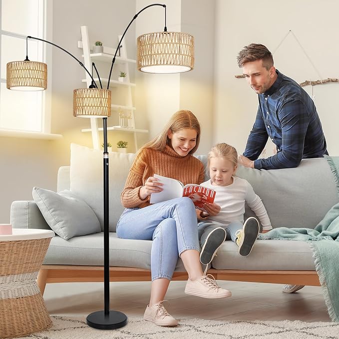 Airposta Black Arc Floor Lamps for Living Room, Farmhouse Boho Floor Lamp for Bedroom, Industrial Standing Lamp for Office, Dimmable Tall Lamp with Rattan Lampshades, Reading Arched Light