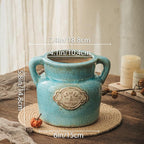 Blue Rustic Ceramic Vase, 5.8 Inch Distressed Wide Mouth Vase with Ice Cracked Glazed, Farmhouse Vintage Flower Vases for Home Office Decor Living Room Bedroom Table Centerpiece Decorations