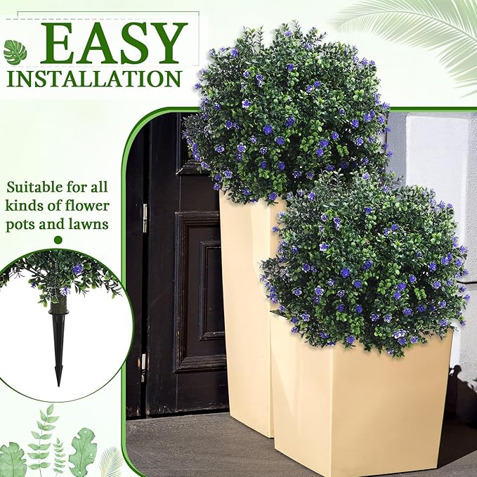 Yunlly Set of 2 Artificial Boxwood Topiary Ball Tree Fake Bushes Shrubs Outdoor Faux Plant with Ground Spike Flowers UV Resistance Greenery for Front Porch Garden Patio Indoor(Purple,27x18inch)