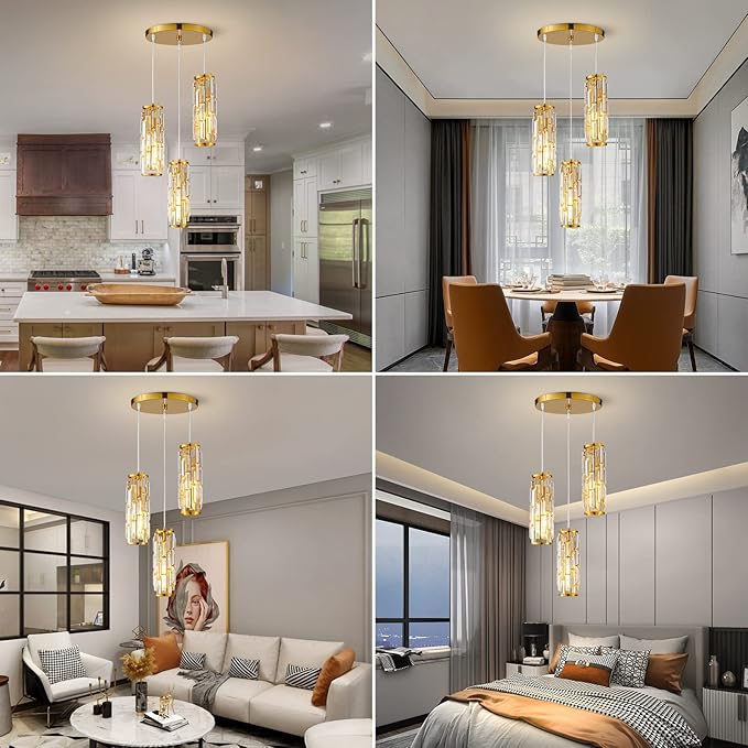LMQNINE Pendant Lighting Modern Pendant Light, Mini Crystal Chandeliers,Adjustable Pendant Light Fixture for Kitchen Island Dinning Room Bedroom (Gold, 3-Light)