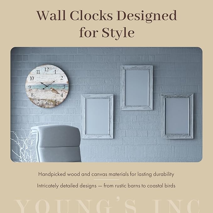 Young's Inc Wooden Mountain Time Wall Clock with Bear - 12" W x 12" H - Farmhouse Living Room Decor - Rustic Wall Clock