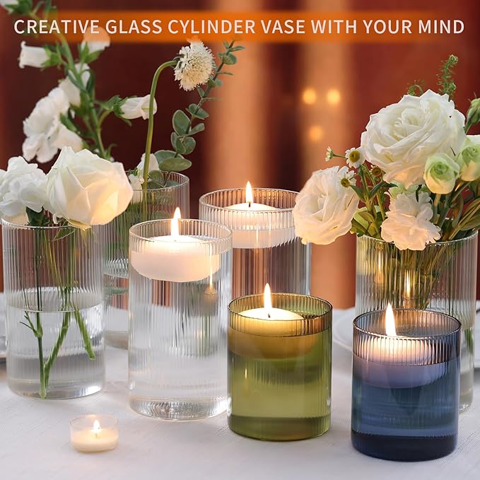 12pcs Glass Cylinder Vases for Centerpieces, Clear Ribbed Flower Vases for Wedding Decorations, Vintage Decorative Vase Set for Flowers, Hurricane Floating Candle Holder for Party Home Decor, 4''+6''
