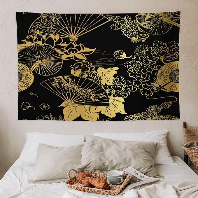 HZOHNAGO Japanese Tapestry Gold Flowers Umbrella Fan Pattern Printed Wall Tapestry Painting Wall Hanging for Bedroom Living Room Dorm 60" W x 40" H
