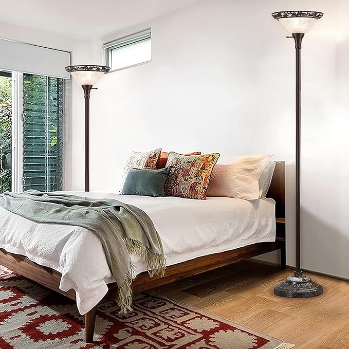 Luvkczc Torchiere Floor Lamp for Living Room - 70" Victorian Floor Lamp with with Etched Glass Shade, Vintage Standing Corner Tall Reading Light for Bedroom Office