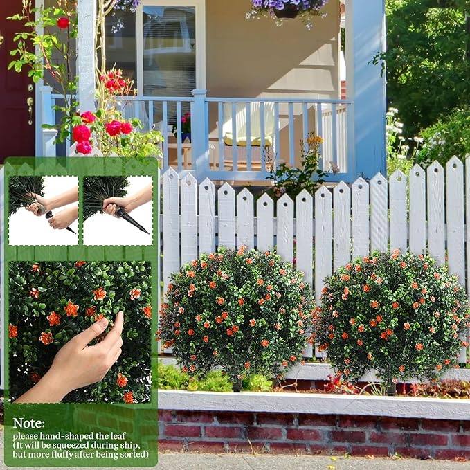 Yunlly Set of 2 Artificial Boxwood Topiary Ball Tree Fake Bushes Shrubs Outdoor Faux Plant with Ground Spike Flowers UV Resistance Greenery for Front Porch Garden Patio Indoor(Orange,27x18inch)