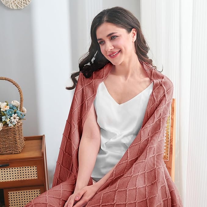 inhand Knitted Throw Blankets for Couch and Bed, Soft Cozy Knit Blanket with Tassel, Coral Pink Lightweight Decorative Blankets and Throws, Farmhouse Warm Woven Blanket for Men and Women, 60"x80"